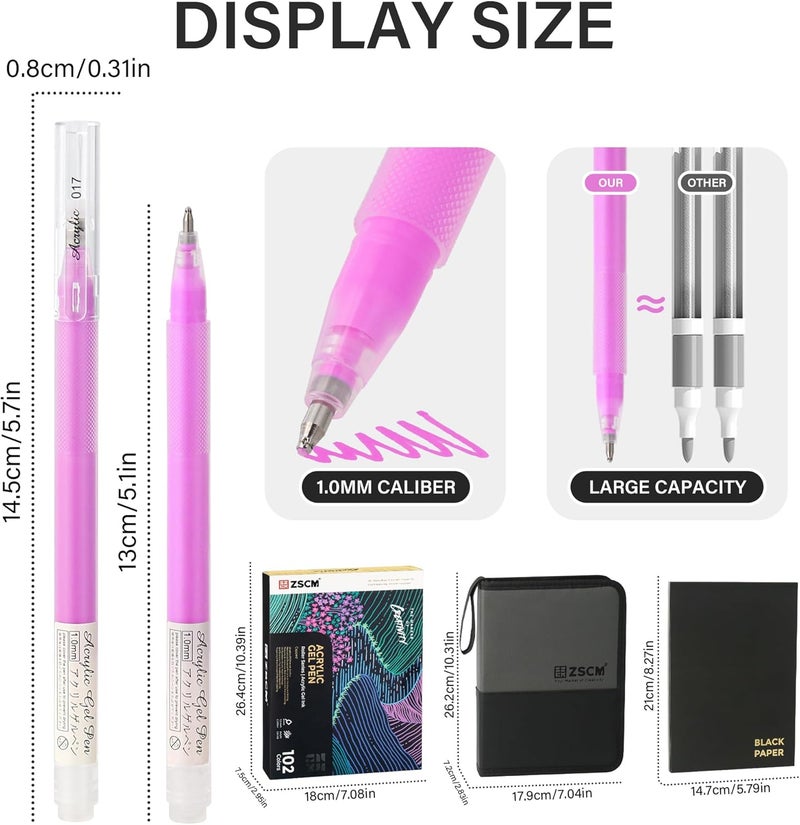 ZSCM 100 Colors 3D Acrylic Gel Pens & Black Paper Sketchbook for Drawing, 1mm Fine Point Acrylic Ink Pen, Opaque Archival Ink Pens for Black Paper Drawing, Sketching, Illustration, Card Making - Image 3